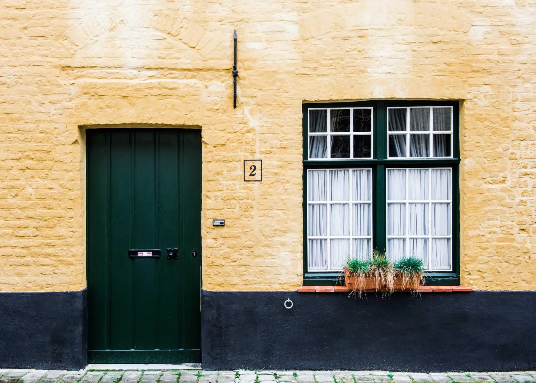 A yellow brick house with a green door and a green-framed window, a small box of plants on its sill.