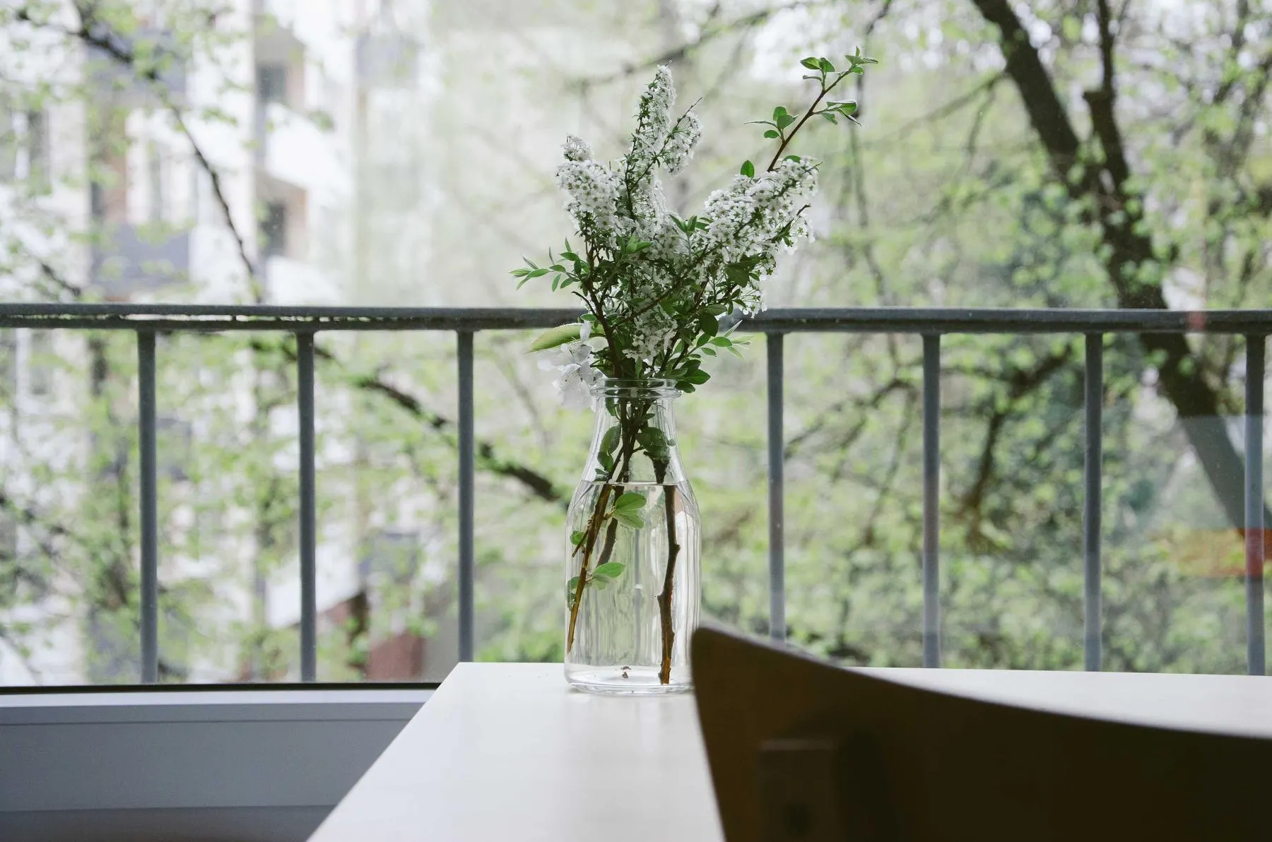 A cutting of white flowers in a clear glass jar on a white table in front of a balcony railing and spring trees.